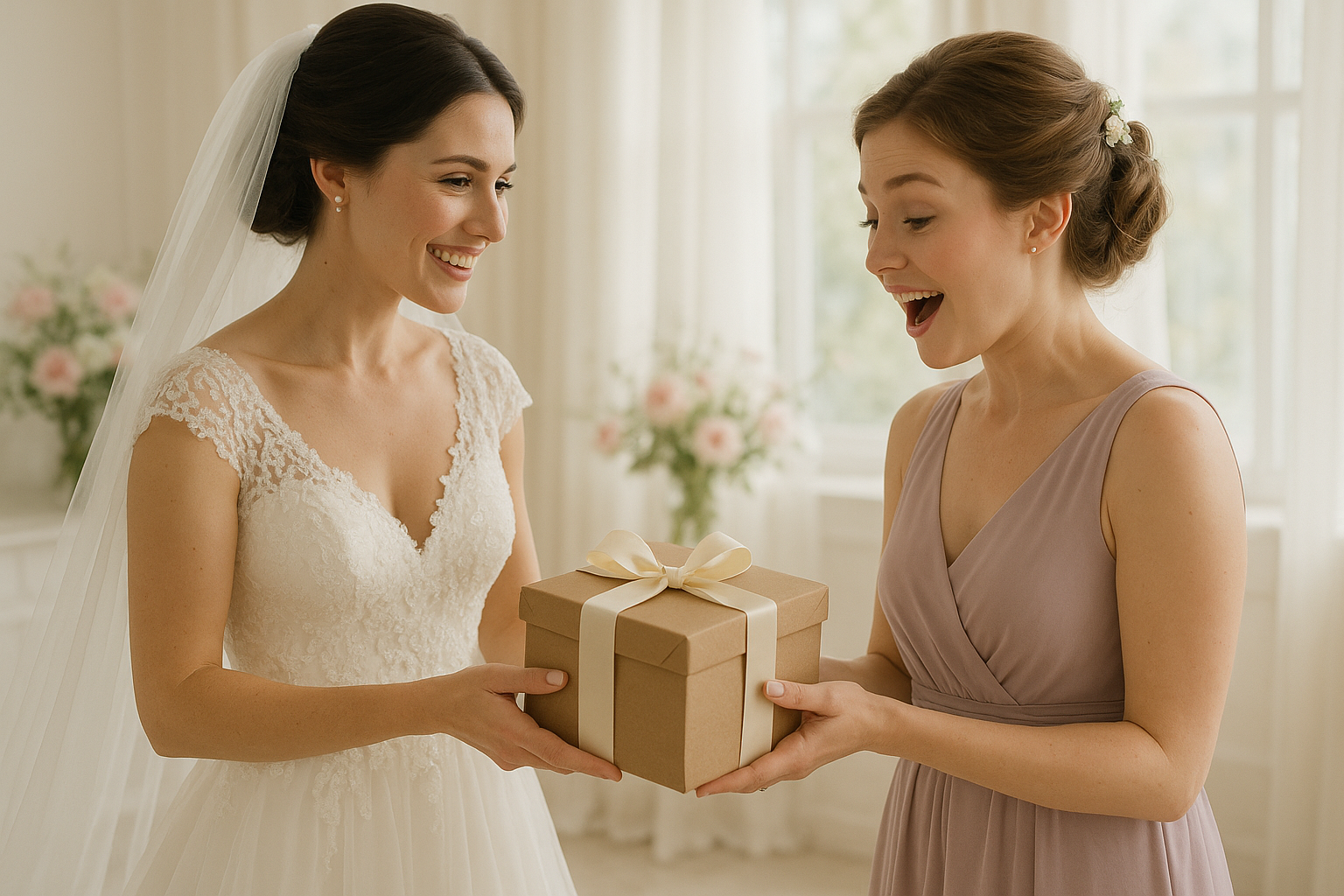 generate an image in which the christian bride is giving a gift to her bridesmaid
